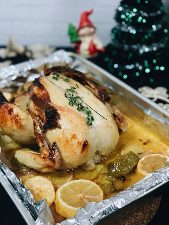 Roasted christmas chicken with bacon slices