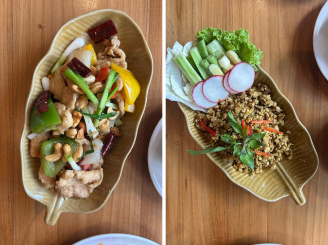 Cashew Chicken and Thai Minced meat salad in Bangkok Restaurant