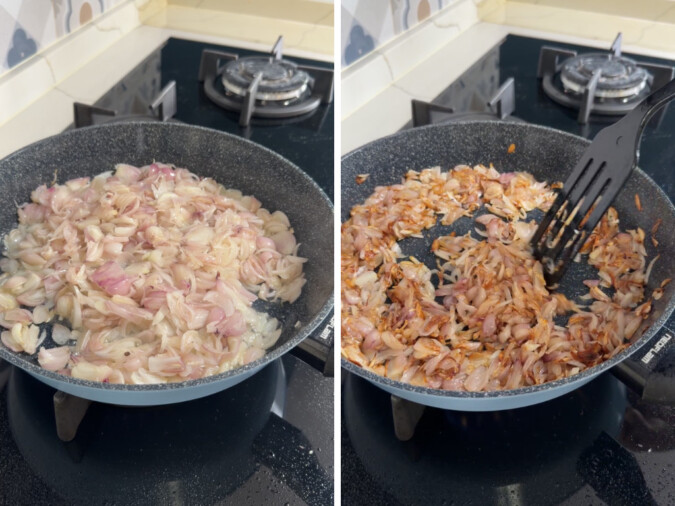Frying onions in hot oil until they caramelise