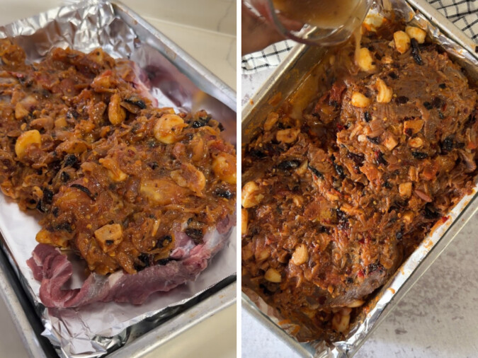 Marinating the mutton and pouring lamb stock in