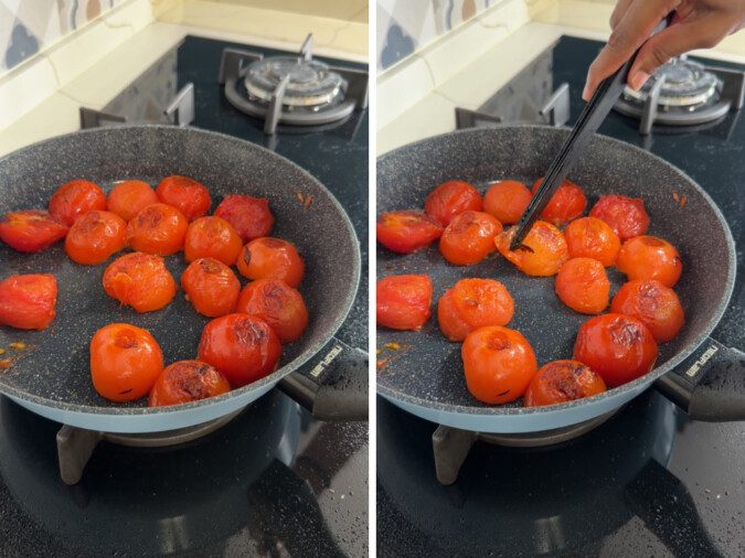 Peeling back the skin of roasted tomatoes