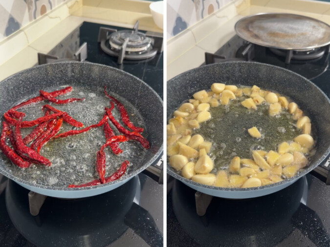 frying chillies garlic and ginger in hot coconut oil