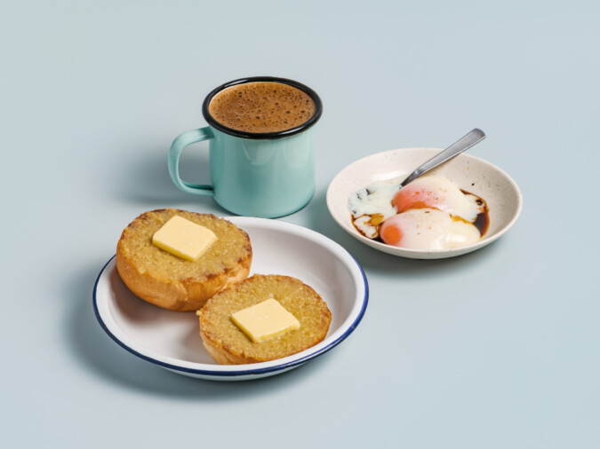 kaya butter bun toast with eggs and kopi