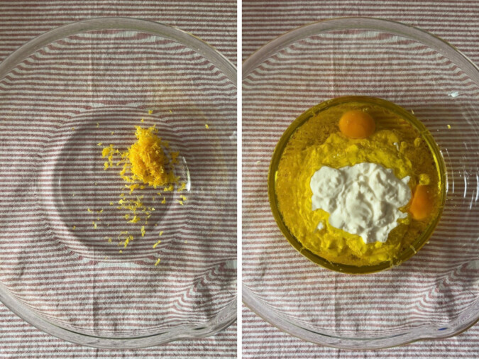 adding lemon zest then wet ingredients to Lemon Olive Oil Yoghurt Cake