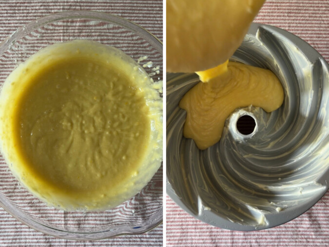 Final batter, and pouring this batter into the bundt pan to make a Lemon Olive Oil Yoghurt Cake