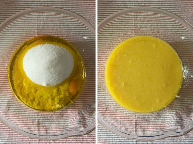 Adding sugar and whisking to form a smooth batter, before adding the flour to a Lemon Olive Oil Yoghurt Cake