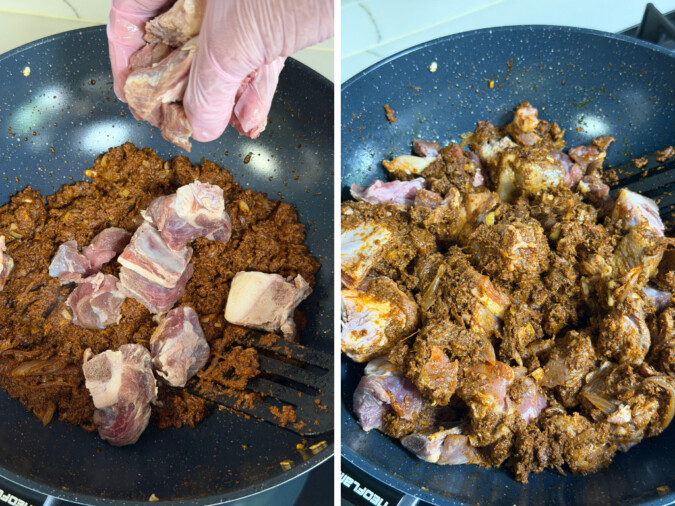 adding mutton to cooked masala paste