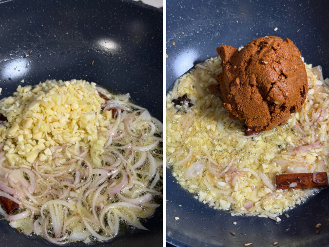 cooking onions and garlic in ghee, with mutton paste